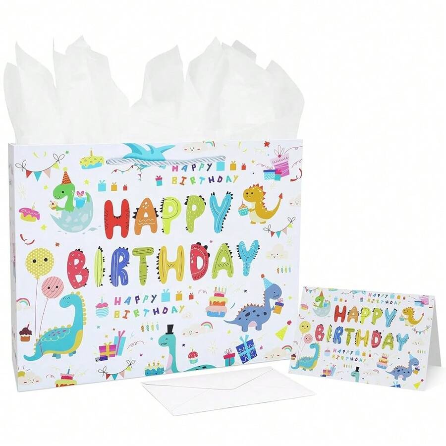 13\ Dinosaur Party Gift Bags,Happy Birthday Gift Paper Bag With Tissue Paper Greeting Card For Teenagerssss' Birthday Party - Khủng long - Xem 1
