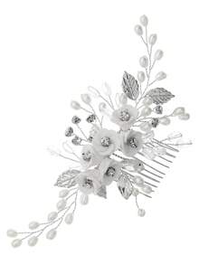 1pc Bridal Wedding Hair Accessories, Floral Pearl & Crystal Hair Comb Clip For Bridesmaid Prom Party - Silver - View 9