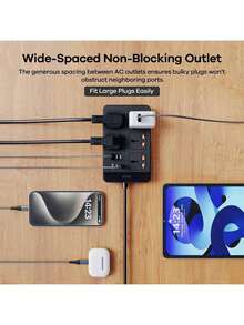 REMAX 30W 防浪涌扁平延长线,带扁平插头电源条,5 个间距较大的插座和 6 个 USB 充电端口(4 个 USB-C 端口 + 2 个 USB-A 端口),4 英尺长,适用于旅行、办公室、学校、宿舍等场所,带 LED 指示灯开关,黑色,是办公室、宿舍和家庭充电站的理想选择。 - 黑色 - 查看 5