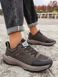 男士徒步鞋，拼接运动面料系带休闲运动鞋，户外防滑耐磨鞋底，适合徒步、运动、度假、通勤 - 黑棕色 - 查看 2