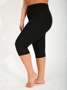 加大码女士黑色紧身裤，欧美休闲时尚户外运动健身七分裤，简约柔软舒适弹力修身百搭紧身裤，适合室内/室外穿着，可进行深蹲、俯卧撑、瑜伽等夏季运动 - 黑色 - 查看 4