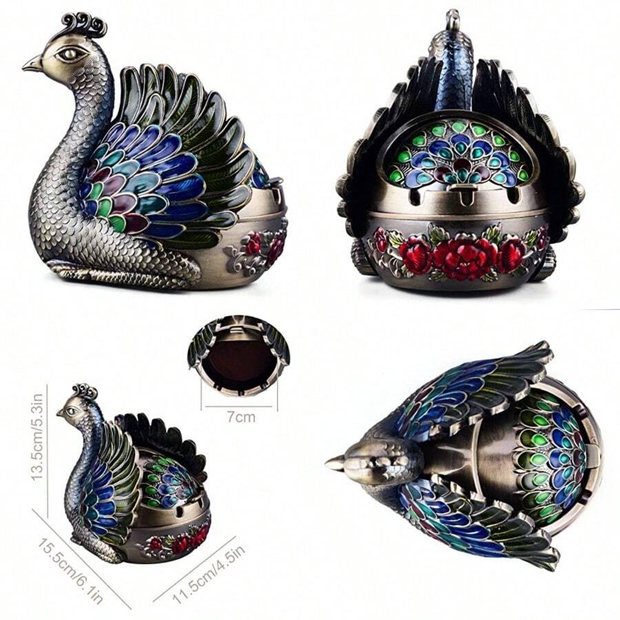 Peacock Metal Ashtray With Lid Windproof Portable Cigarette Ashtray For Indoor Or Outdoor Use Ash Holder For Smokers Desktop Smoking Ash Tray For Patio Porch Reception Decoration Bronzebeauty - Bronze - View 1