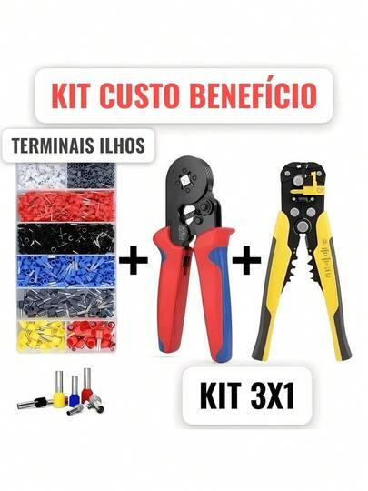 Alicate Crimpador 3 em 1 para Elétrica - Descasca, Crimpa e Prensa Ilhós Tubular com Segurança (Kit c/ 1200 Terminais)
