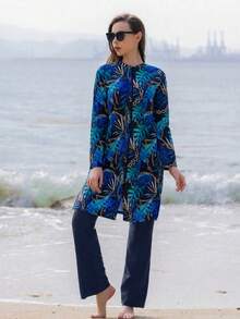 Bộ đồ bơi hai mảnh kiểu Trung Đông gồm tay dài và quần dài, kín đáo dành cho nữ, thích hợp đi biển mùa hè. - Màu xanh lam - Xem 4