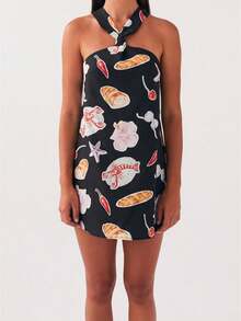 Women's Cream Yellow Halter Neck Mini Dress - Knotted Neck Detail Sleeveless Lightweight Fabric Feminine Stylish Casual Summer Date Wear(S-L) - 黑與白 - 查看 1