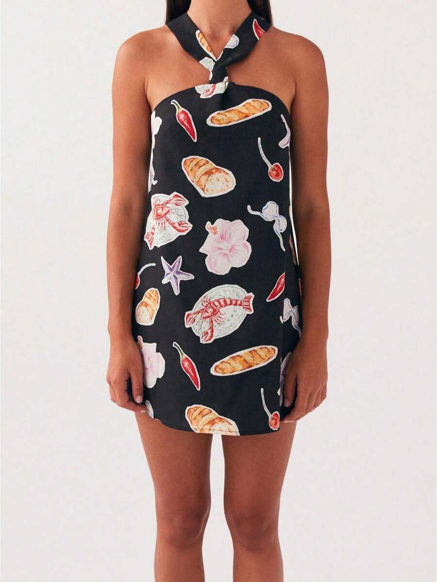 Women's Cream Yellow Halter Neck Mini Dress - Knotted Neck Detail Sleeveless Lightweight Fabric Feminine Stylish Casual Summer Date Wear(S-L) - 黑與白 - 查看 1