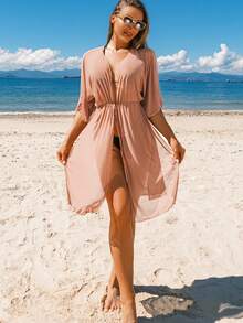 轻盈纯色半透明系腰沙滩罩衫 - 摩卡棕 - 查看 4