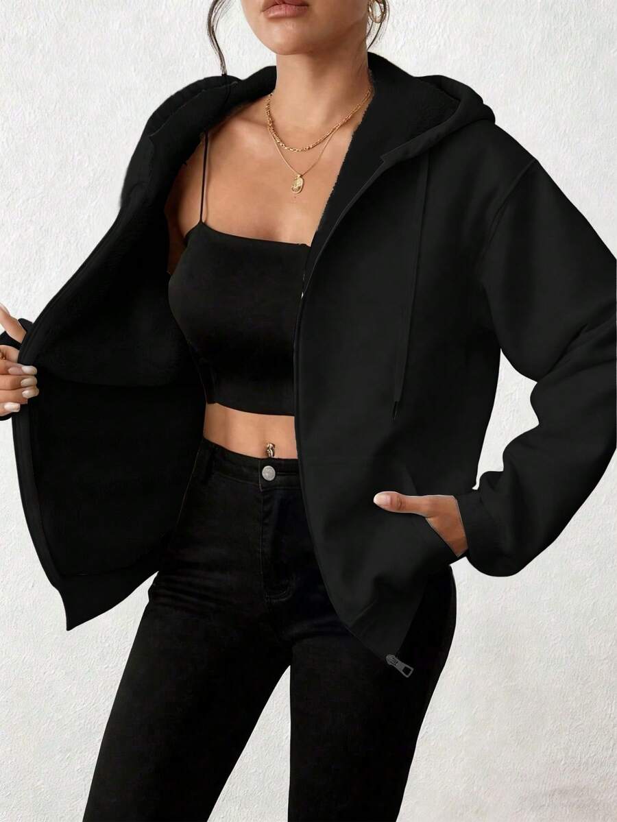 女士连帽抓绒外套，羊羔绒内衬连帽卫衣，适合冬季滑雪 - 黑色 - 查看 1