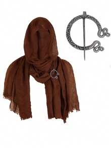 A Two Pieces Set Featuring A Distressed Scarf Shawl With A Brooch, Styled Like A Medieval Renaissance Viking Cloak, Perfect For Halloween Costumes And Accessories. - A - View 2