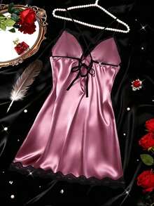 Women's Nightgown, Mature Floral Print Satin Lace Trim Sleepwear Dress, Criss-Open Back Spaghetti Strap Slip Dress, Comfortable Robe - Purple - View 11