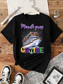 Mardi Gras Cruise Shirt T-Shirt With Colorful Carnival Design And Ship Graphic For Festive Celebration Party Wear - 黑色 - 查看 3