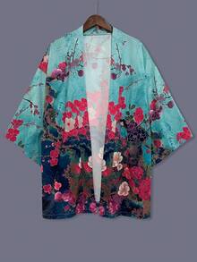 Japanese Style Floral Print Kimono Cardigan, Loose Fit Vintage Sakura Printed Spring/Summer Unisex Lightweight Jacket, Casual Streetwear, Beach, Travel, Festival, Party Costume - Mint Green - View 2
