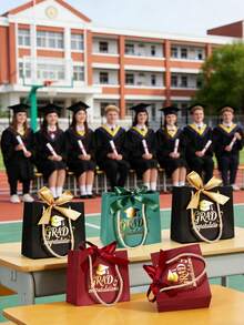 10pcs/1pc Graduation Gift Boxes With Handles (Includes Ribbons), Graduation Gift Bags, Graduation Gift Boxes, Graduation Candy Tote Bag Gift Boxes, Graduation Party Favors - Black With Gold Ribbon [Graduation Season Handbag] - View 7