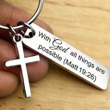 24pcs Stainless Steel Bible Verse Keychain With Cross - Matthew 28:20 Inspirational Text, Durable Metal Material, Suitable For Backpacks, Car Keys And Accessories - Christian Gift, Metal Engraved Keychain For Holiday Gatherings, Party Favors - Antique Silver - View 5