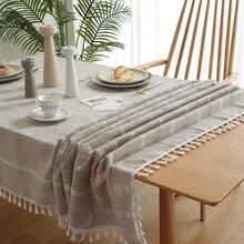 Gernaice Rustic Stripe Embroidered Tablecloth Heavy Tassel Small Rectangle Cotton Linen Table Cloth Wrinkle Free Washable Table Cover For Coffee Living Room Sofa Table Brown 36x55 Inch - 棕色 - 查看 6
