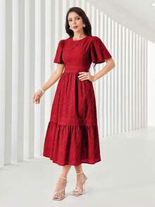 Women's Plain Midi Dress With Lining And Cut-Out Details, Featuring A Round Neckline, Puff Sleeves, Embroidery, And A Gathered Hem. - 紅色 - 查看 4
