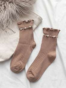 1双女士珍珠边中筒袜，时尚百搭罗纹袜，春秋季