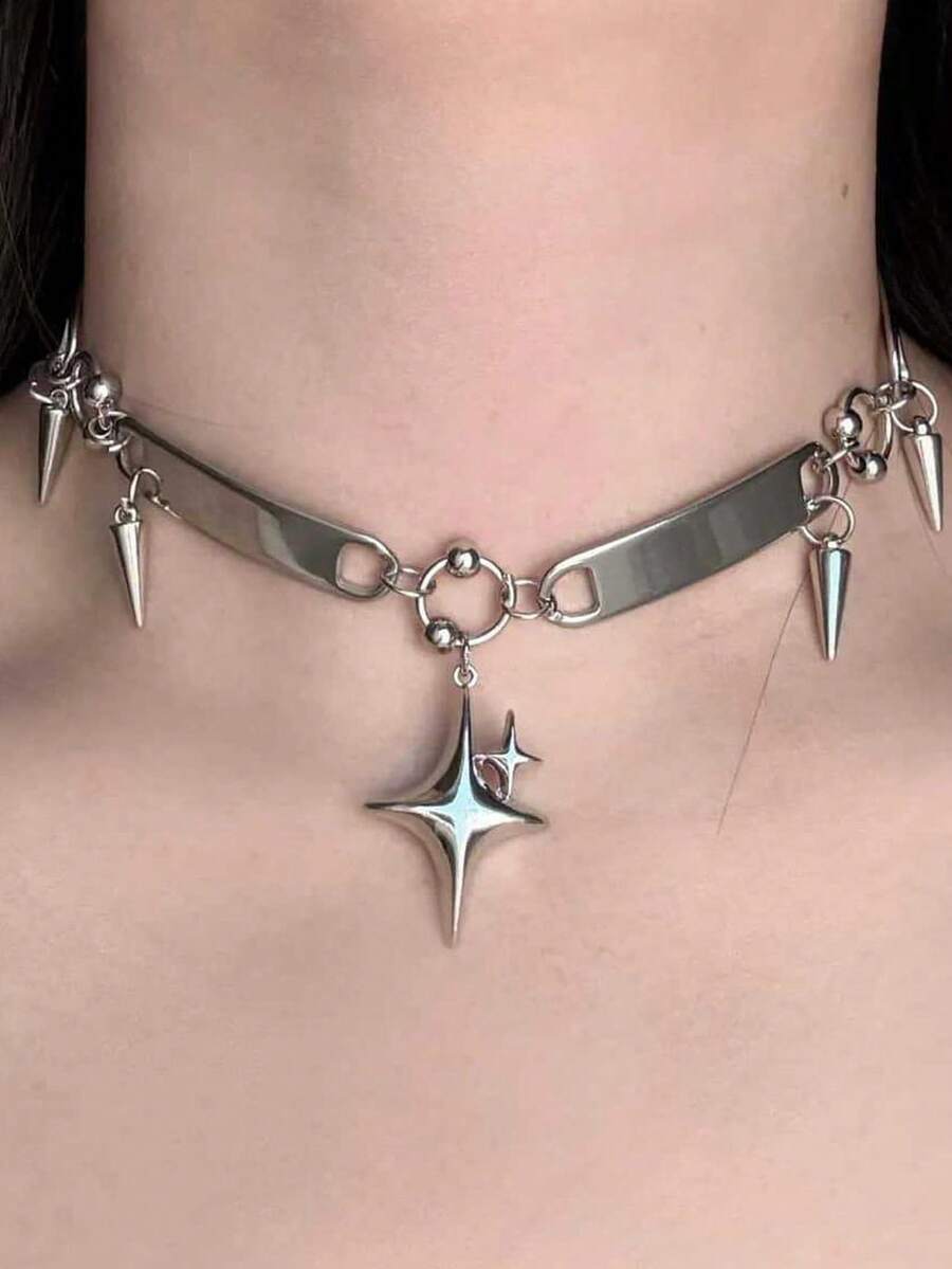 1 chiếc vòng cổ hình trái tim và ngôi sao bằng kim loại phong cách Gothic Punk Y2K, kiểu dáng tối màu, hình học, mạ hợp kim kẽm, dành cho nữ. - Bạc - Xem 1