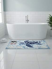 1pc Sea Turtle Pattern Anti-Slip Bath Mat - Faux Sherpa Material, Blue & White Ocean Design, Machine Washable, Suitable For Bathroom, Kitchen And Holiday Decor, Ideal Gift, Bathroom Rug - Multicolor - View 2