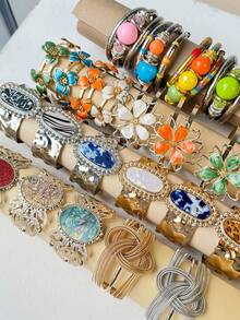 20/15/12/10/7/5/3/1件 随机颜色 全息树脂石豹纹复古优雅奢华宫廷珐琅滴油花朵金属手镯，镂空花朵蝴蝶手镯 - 彩色 - 查看 4