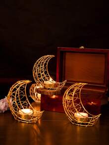 1Pc/Set Double-Arched Woven Star And Moon Metal Candlestick. Made Primarily From Metal Wire, This Candlestick Features A Minimalist Modern Design. Its Shape Is A Double-Layered Interwoven Crescent-Shaped Hollow Lattice Frame, Paired With A Circular Base, With Small Candle Trays Embedded In The Details - Multicolor - View 2