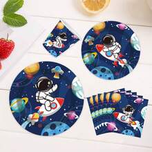 20件太空宇航员派对一次性餐具套装，含20个7英寸甜品盘、20个9英寸盘子、20张餐巾纸，适合朋友聚会、家庭聚会、生日礼物 - 太空藍 - 查看 8