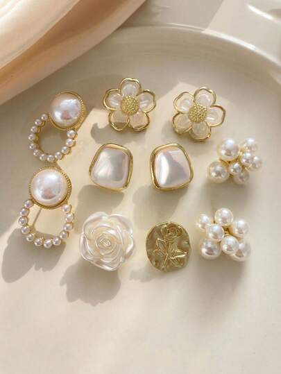 5 Pairs Vintage Square Floral Faux Pearl Stud Earrings, Sweet Niche Minimalist Versatile Earring Set