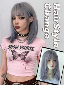 AKAKO 浅蓝色挑染波波头假发，带刘海，14英寸短直发，女士齐肩长度，合成刘海假发，外观自然，耐热，适合日常、万圣节派对等场合，Y2K和哥特风格假发配件 - 挑染藍色 - 查看 2