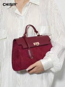1 件时尚勃艮第天鹅绒拼布简约手提包，适合商务、休闲、购物和学校，正面扭锁手提包，带肩带，斜挎包，百搭复古魅力，优雅独特的女性风格，适合任何场合 - 酒紅色 - 查看 4