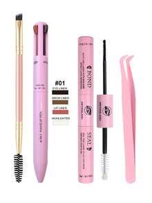 四合一睫毛嫁接套装，包含：四合一化妆刷套装、10毫升定型凝胶（粉色和黑色）、眼线刷、眉刷、睫毛刷、镊子、睫毛胶水 - 彩色 - 查看 15