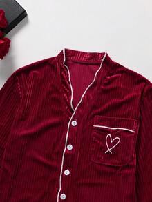 2pcs Women Luxury Striped Sleepwear Set, V-Neck Cardigan Long Sleeve Top And Long Pants, Spring/Autumn - Red - View 7