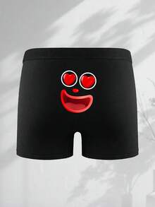 Men's Black Boxer Briefs With Smiling Face Print, Elastic Comfortable Everyday Underwear - Black - View 1