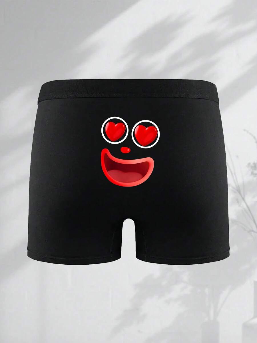 Men's Black Boxer Briefs With Smiling Face Print, Elastic Comfortable Everyday Underwear - Black - View 1