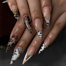 Fashion European And American Ins Style Round Head Long Almond Nail, Flash Diamond Nail Art Patch Leopard Print Smudge Nail Art - Y1262[果凍膠+搓條款] - 查看 1