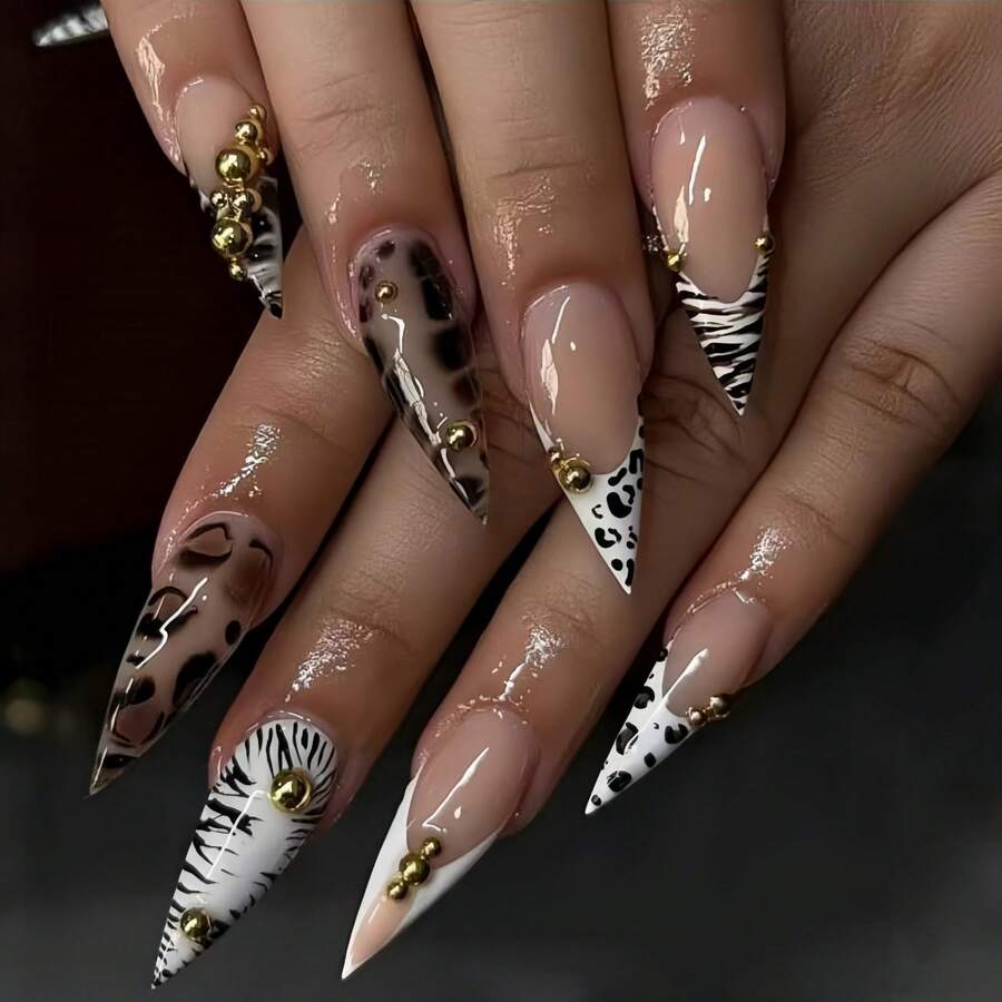 Fashion European And American Ins Style Round Head Long Almond Nail, Flash Diamond Nail Art Patch Leopard Print Smudge Nail Art - Y1262[果凍膠+搓條款] - 查看 1