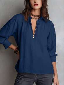 Blusa casual lisa estilo Occidental para mujer | Cuello de camisa, pullover, cremallera, holgada - Azul - Ver 6