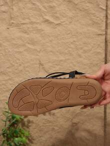 Flat Sandals, Colorblock PU Leather Thong Flat Beach Slippers, Summer - Black - View 2