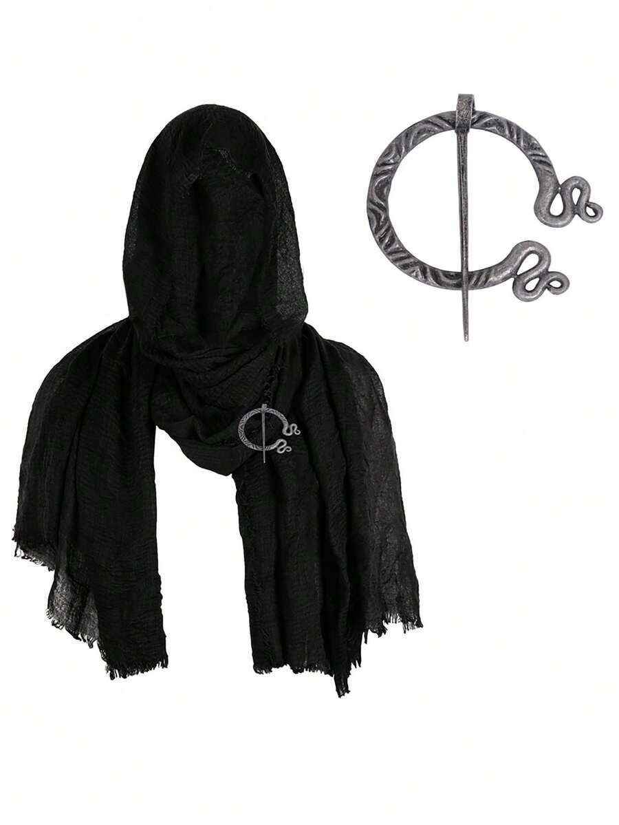 A Two Pieces Set Featuring A Distressed Scarf Shawl With A Brooch, Styled Like A Medieval Renaissance Viking Cloak, Perfect For Halloween Costumes And Accessories. - A - View 1
