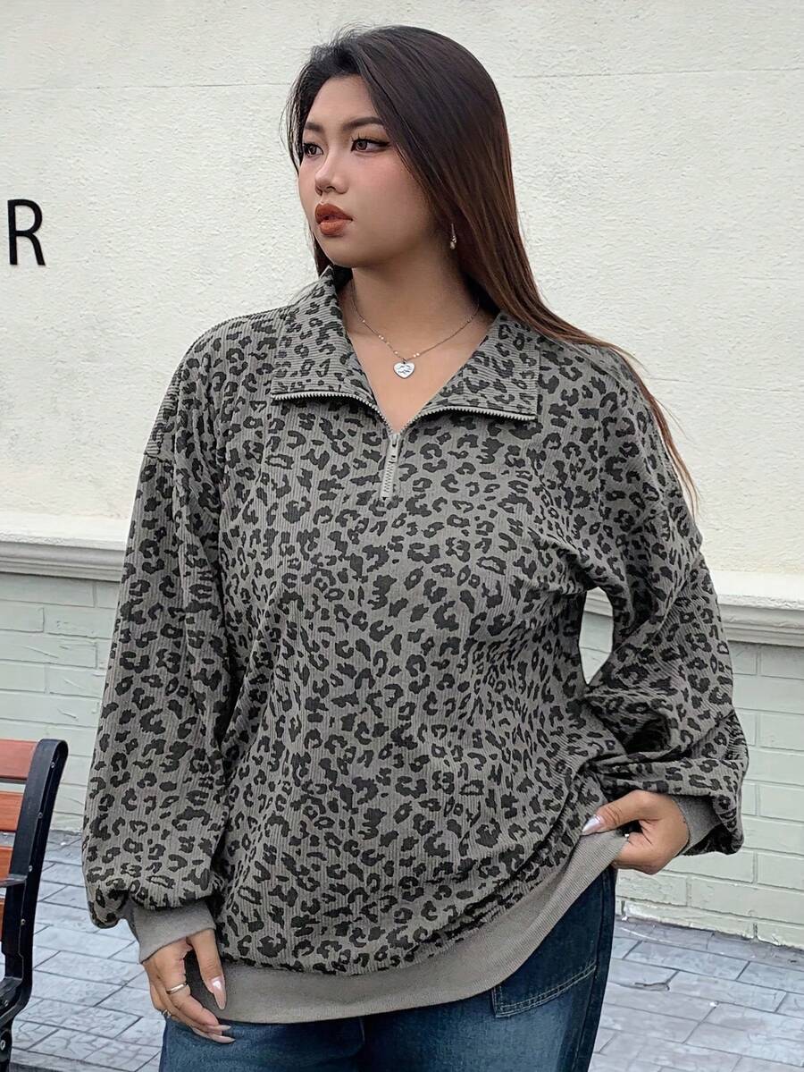 Women's Leopard Print Corduroy Collar Loose Fit Pullover Casual Sweatshirt Y2k,Women's Leopard Print Long Sleeve Zip-Up Drawstring Hooded Casual Loose Sweatshirt - 灰色*旗艦款 - 查看 1