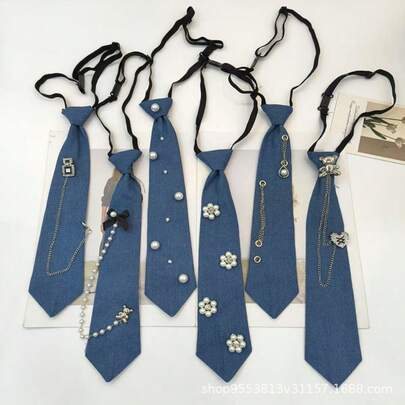 1 Denim Chain Tie For Women, JK Style, Blue, Easy To Style, No Tying Required, Cool And Stylish Shirt With Heart-Shaped Accessories.