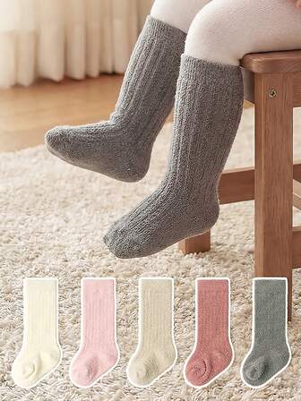 5 Pairs Baby & Toddler Candy Color Thick Warm Socks, Boys & Girls Mid-Calf Winter Warm Socks