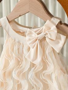 少女时尚休闲可爱网纱蝴蝶结装饰连衣裙 - 杏色 - 查看 4