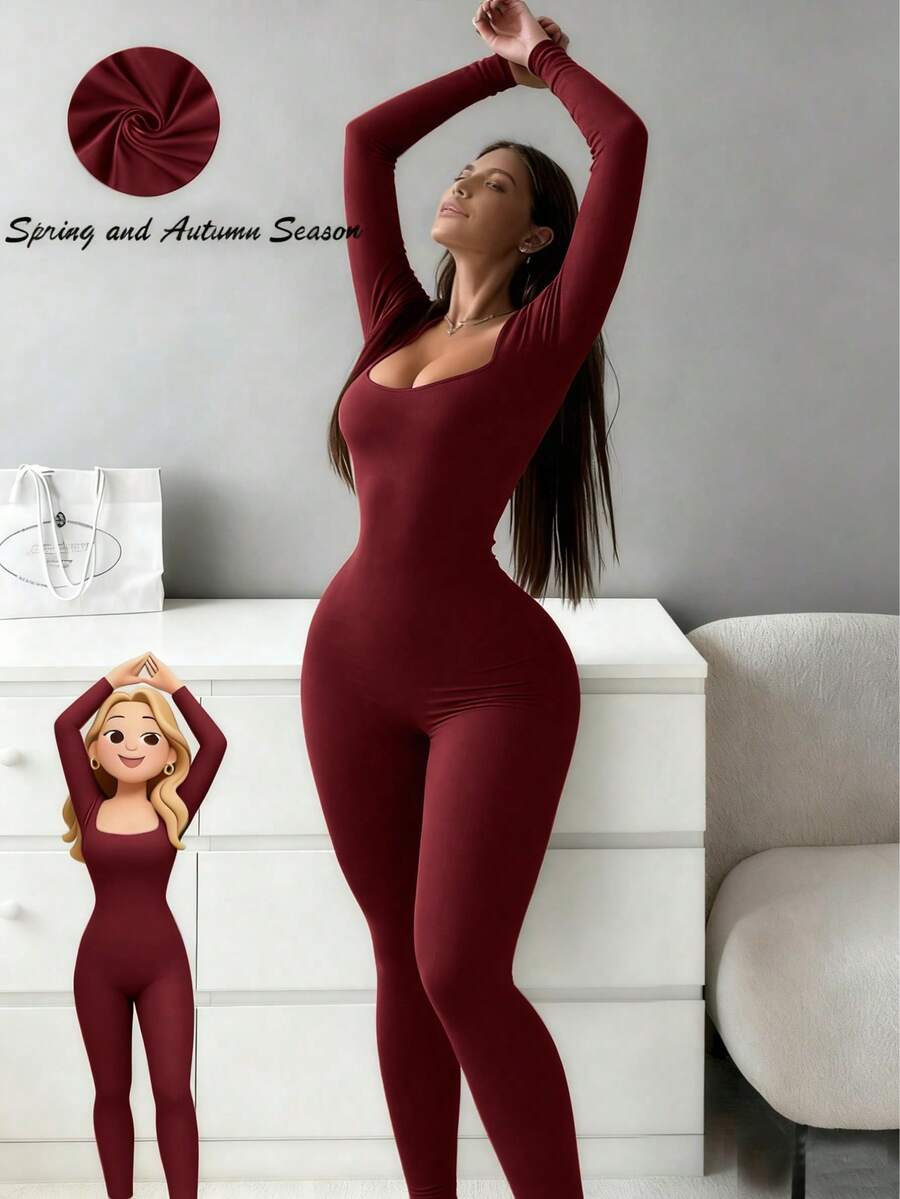 Black U-Shaped Neck And Long Sleeve Jumpsuit Suitable For Spring And Autumn - Burgundy - View 1