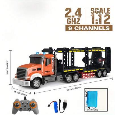 Skala 1:12, 2,4 GHz, 9 kanałów, zdalnie sterowany dwupoziomowy samochód ciężarowy, duża naczepa kontenerowa z oświetleniem LED i muzyką, ładowalna zabawka do zabawy na świeżym powietrzu z pełnym wyposażeniem, idealny prezent na urodziny i święta dla chłopców i dziewcząt
