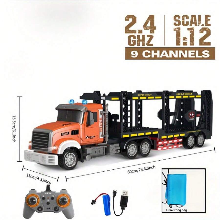 1:12 Scale Remote Control Transport Truck With 9-Channel Independent Remote Control, LED Lights And Music Function, Can Carry Toy Vehicles. Ideal Holiday, Christmas And Birthday Gift For Children