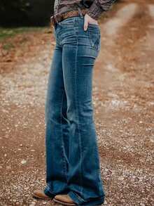 Calça Jeans Flare com Bolso Bordado Nas Costas para Mulheres, Elástico, para Todas as Estações