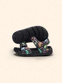 男童时尚休闲百搭印花趣味长颈鹿图案魔术贴沙滩凉鞋，夏季 - 黑色 - 查看 5