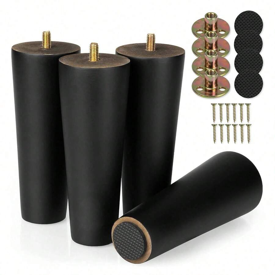 4pcs/Set Black Wooden Furniture Legs, Conical Replacement Coffee Table Legs, Furniture Feet, Sofa Legs, Chair Legs, Loveseat Legs, Footstool Legs, Vanity Legs, Side Table Legs - Black - View 1