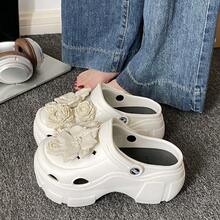 2026 New Summer Thick Sole Peep Toe Sandals Women, Slip-On Faux Pearl Flower Sweet Casual Vacation Commute Clogs - White - View 4