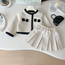 两件套女童秋冬套装，时尚蝴蝶结外套和纯色百褶裙 - 米色 - 查看 11